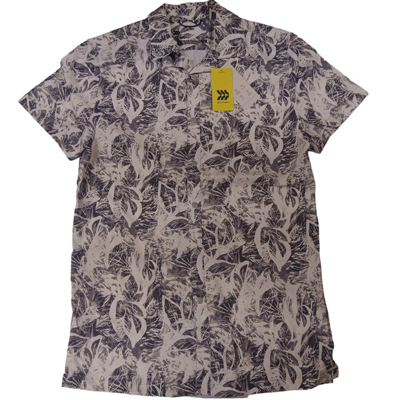 SM Short Sleeve Leaf Print Adventure Button Down Resort Shirt - White Shadowed - Picture 1 of 4